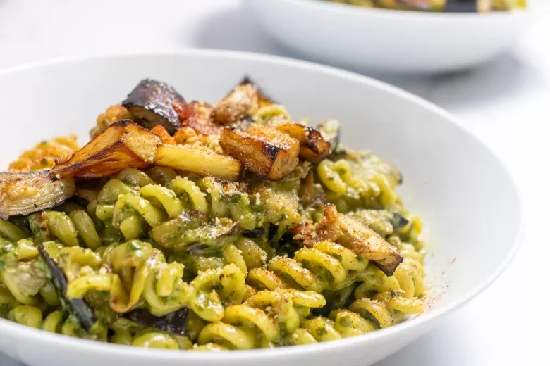 Side on aubergine pesto pasta