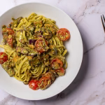 Featured image for Vegan bacon pesto pasta