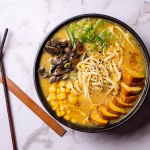Miso Mushroom Ramen top down landscape with cutlery