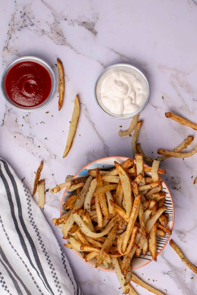 Air Fryer French Fries Portrait with sauces